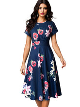 Load image into Gallery viewer, Nice-forever Vintage Elegant Floral Print Pleated Round neck dress - foxberryparkproducts
