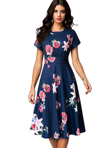 Nice-forever Vintage Elegant Floral Print Pleated Round neck dress - foxberryparkproducts