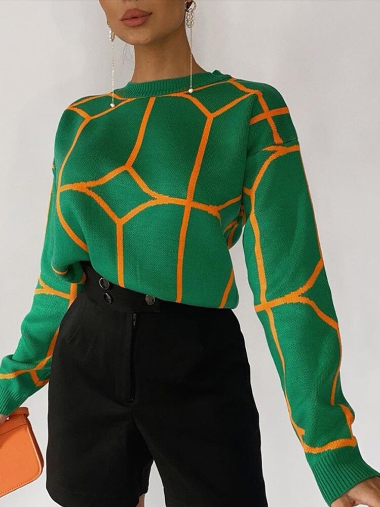 Women Sweater Elegant Pullover Green Striped Knitted Women&