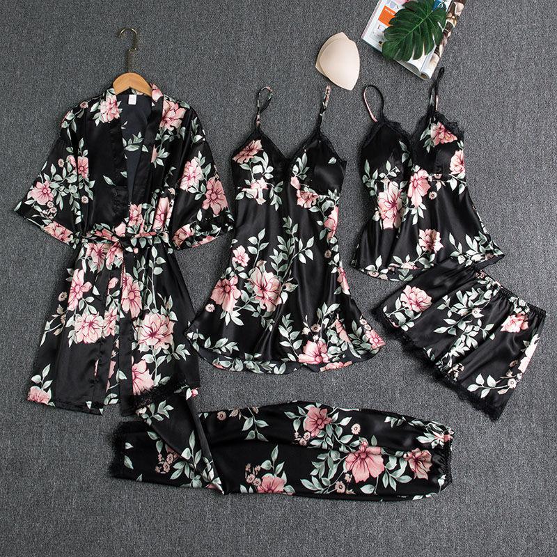 5PCS Sleepwear Female Pajamas Set Satin Pyjamamas Sexy Lace Patchwork - foxberryparkproducts