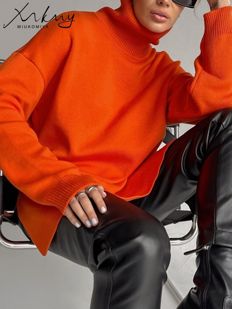 Autumn Winter Women Sweaters Turtleneck Women Pullovers Side Split Knitted Jumpers - foxberryparkproducts