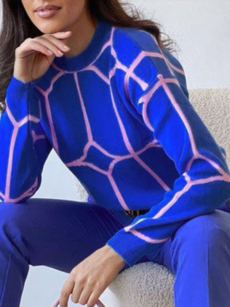 Women Sweater Elegant Pullover Green Striped Knitted Women&