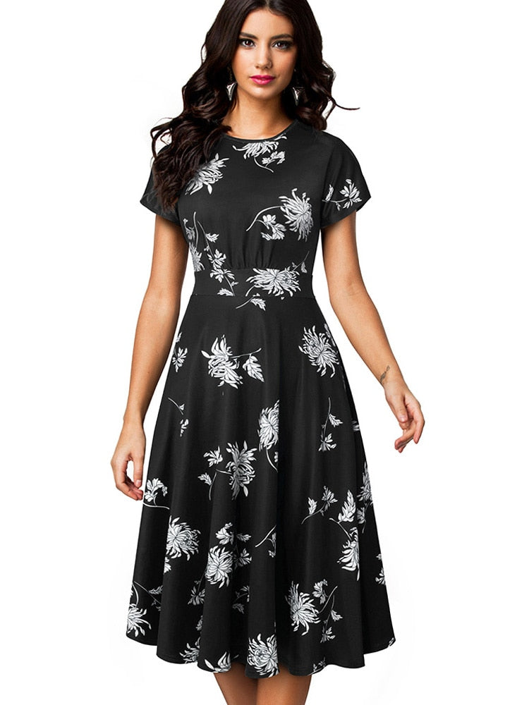 Nice-forever Vintage Elegant Floral Print Pleated Round neck dress - foxberryparkproducts