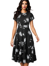 Nice-forever Vintage Elegant Floral Print Pleated Round neck dress - foxberryparkproducts