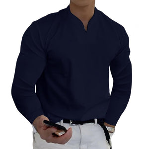 Casual V-Neck Solid Tees Men Shirts Long Sleeves Pullover