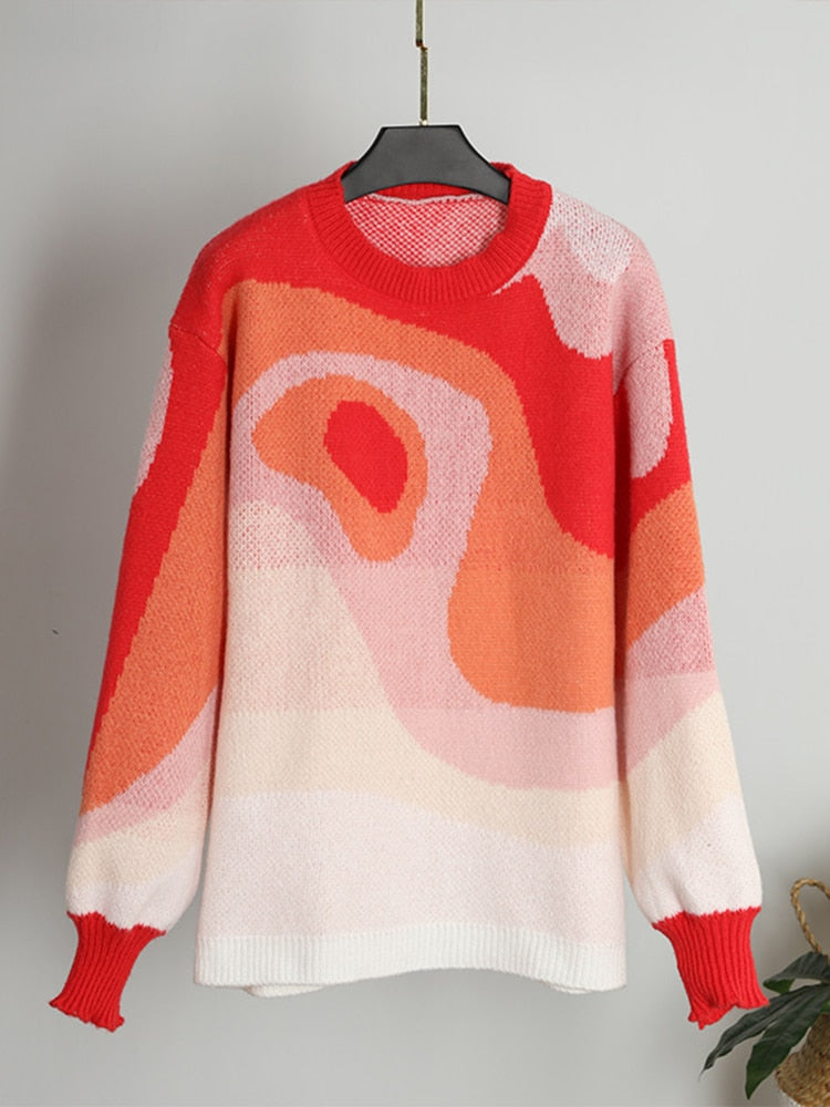 Women Sweater Elegant Pullover Green Striped Knitted Women&