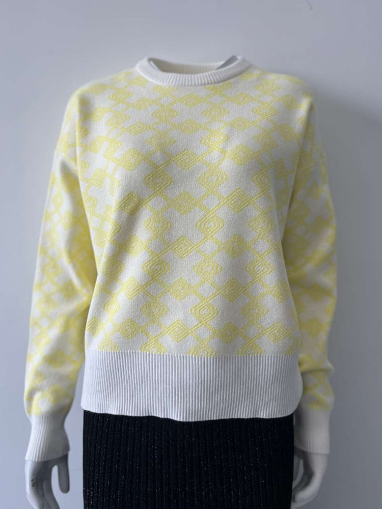 Women Sweater Elegant Pullover Green Striped Knitted Women&
