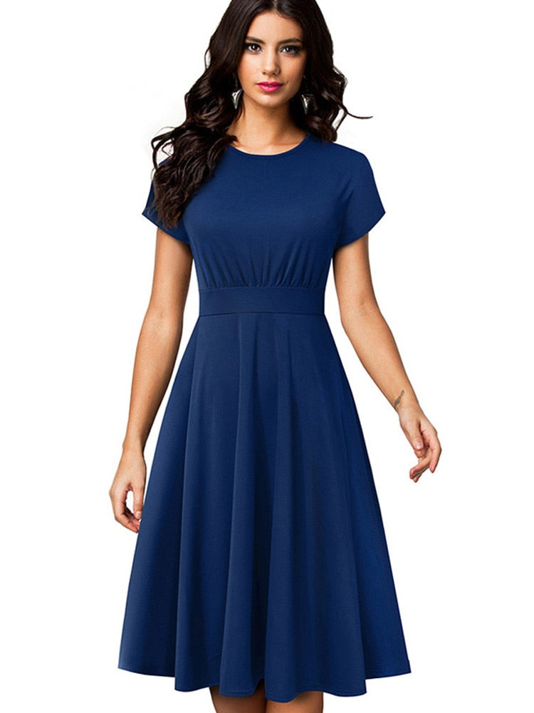 Nice-forever Vintage Elegant Floral Print Pleated Round neck dress - foxberryparkproducts