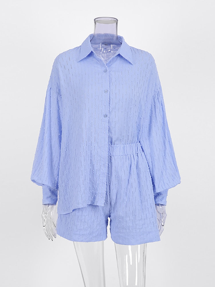 Vacation Suits Women Long Sleeves Shirts And Hot Pants Two Pieces Outfits Summer - foxberryparkproducts