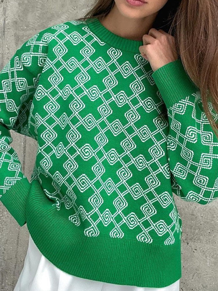 Women Sweater Elegant Pullover Green Striped Knitted Women&