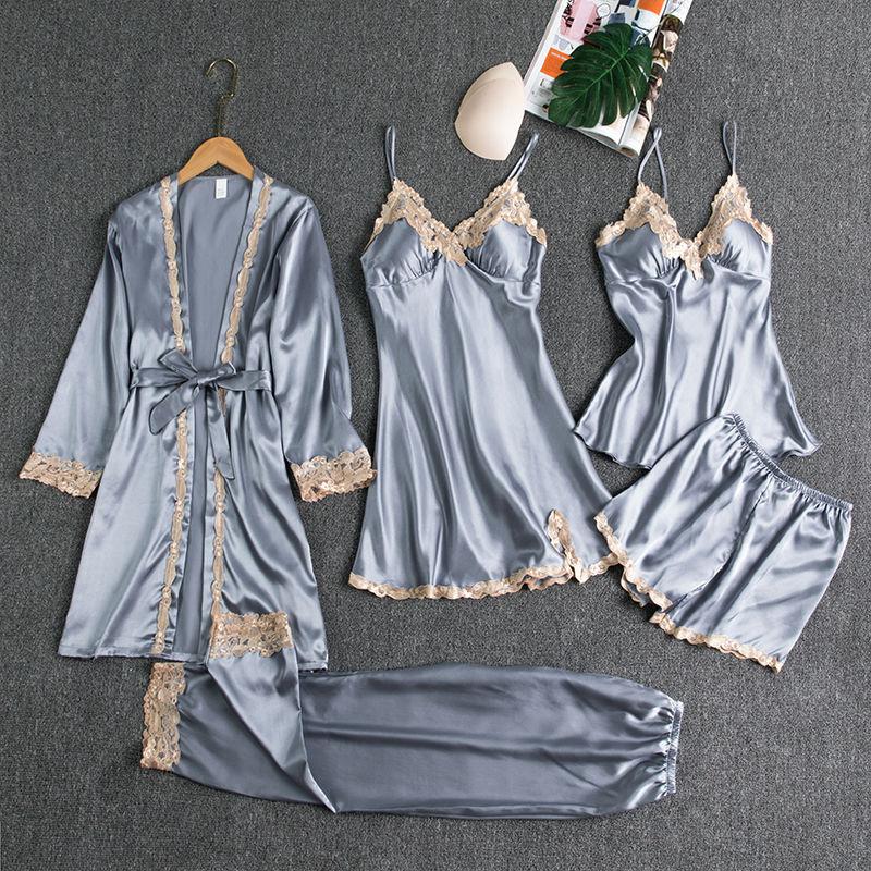 5PCS Sleepwear Female Pajamas Set Satin Pyjamamas Sexy Lace Patchwork - foxberryparkproducts