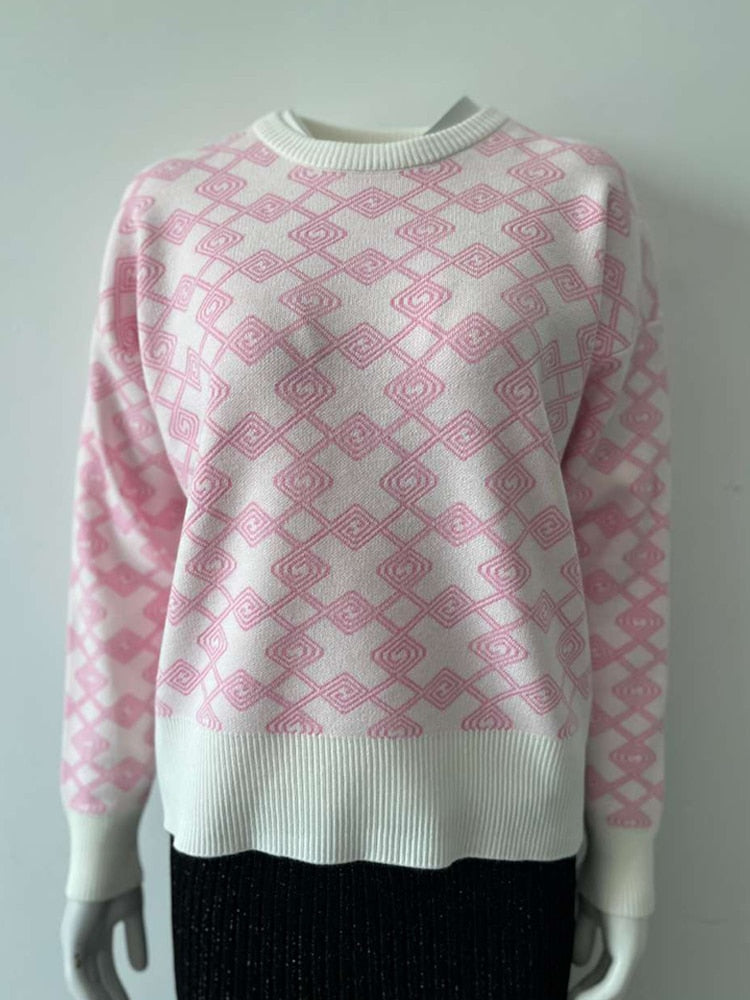 Women Sweater Elegant Pullover Green Striped Knitted Women&