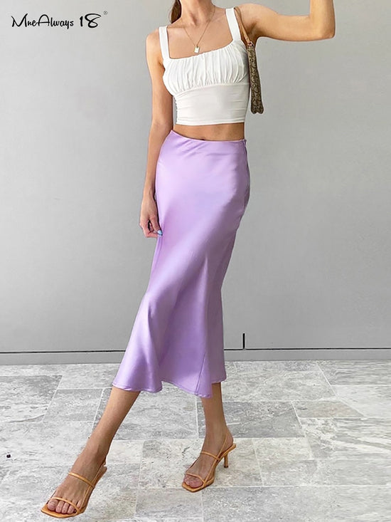 Solid Purple Satin Silk Skirt Women High Waisted Summer Long Skirt - foxberryparkproducts