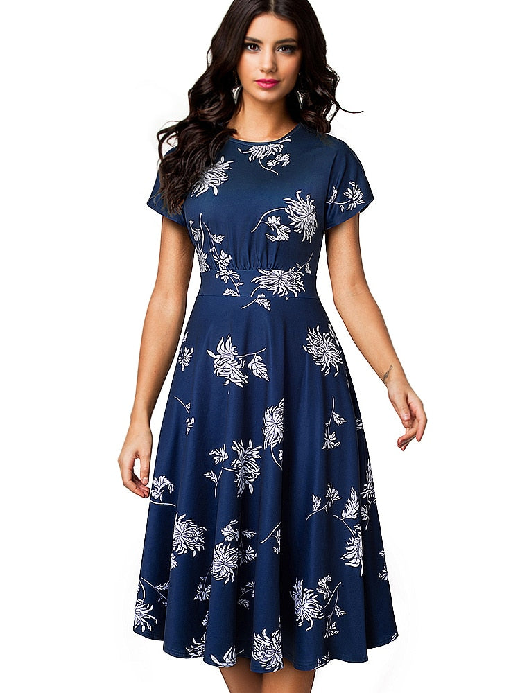 Nice-forever Vintage Elegant Floral Print Pleated Round neck dress - foxberryparkproducts