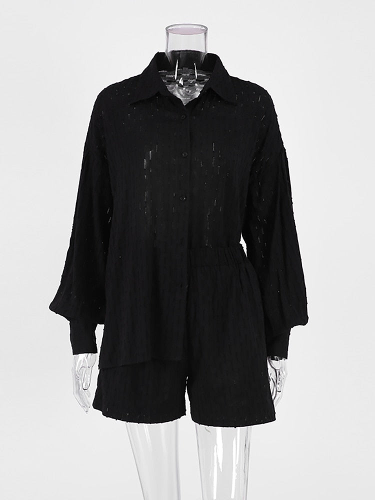 Vacation Suits Women Long Sleeves Shirts And Hot Pants Two Pieces Outfits Summer - foxberryparkproducts