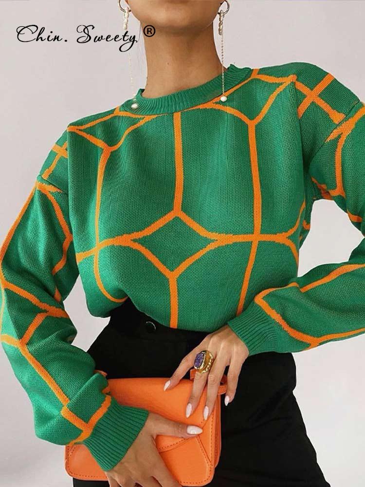 Women Sweater Elegant Pullover Green Striped Knitted Women's Clothing Winter 2022 Long Sleeve Top Jumpers Female Print Sweaters - foxberryparkproducts