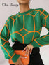 Women Sweater Elegant Pullover Green Striped Knitted Women&