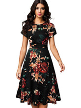 Nice-forever Vintage Elegant Floral Print Pleated Round neck dress - foxberryparkproducts