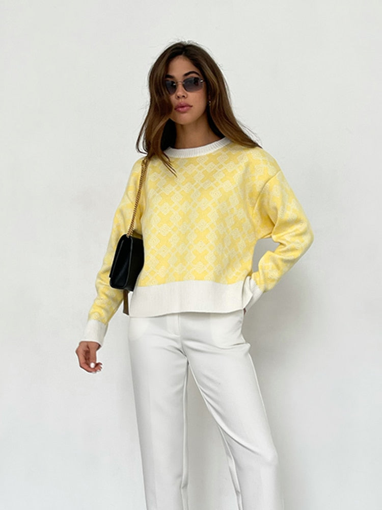 Women Sweater Elegant Pullover Green Striped Knitted Women&