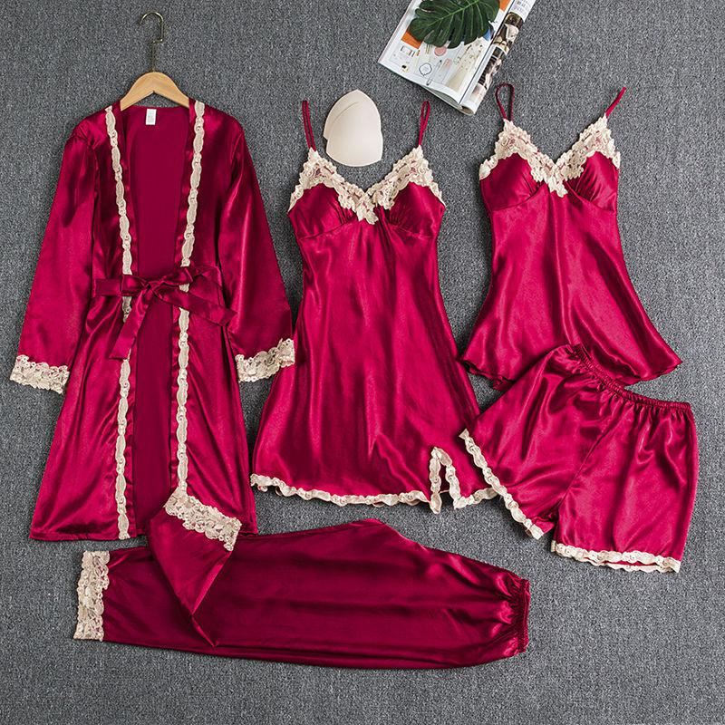 5PCS Sleepwear Female Pajamas Set Satin Pyjamamas Sexy Lace Patchwork - foxberryparkproducts