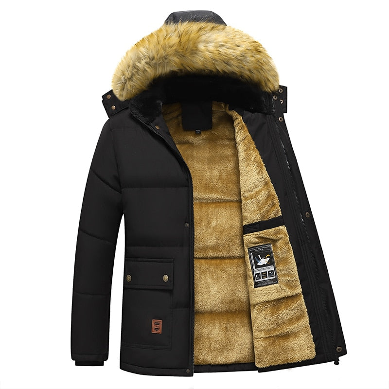 2023 New Men Winter Parka Fleece Lined Thick Warm Hooded Fur Collar Coat