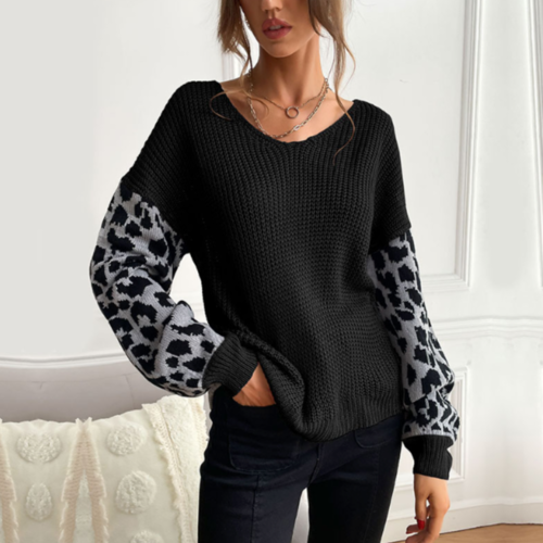 Womens V Neck Sweater With Leopard Print Sleeves - foxberryparkproducts