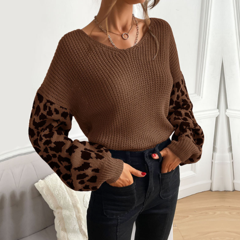 Womens V Neck Sweater With Leopard Print Sleeves - foxberryparkproducts