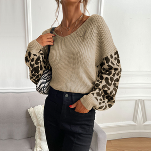 Womens V Neck Sweater With Leopard Print Sleeves - foxberryparkproducts