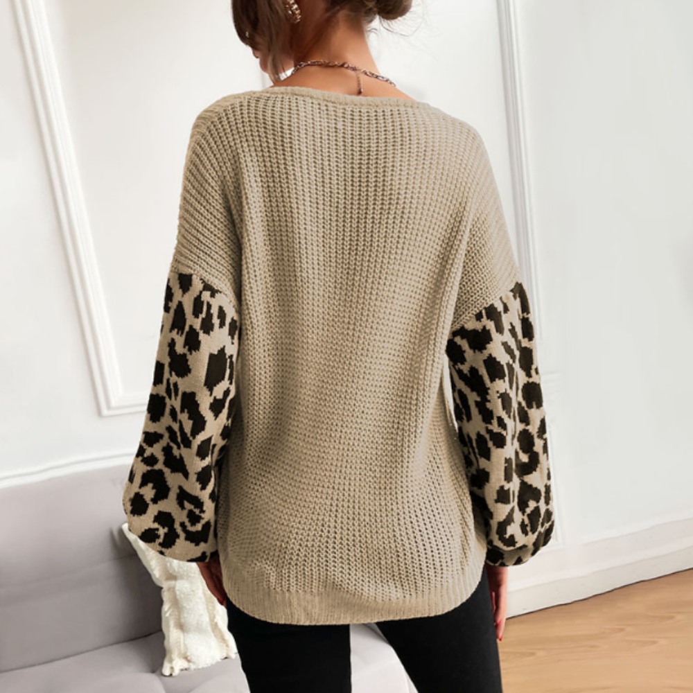 Womens V Neck Sweater With Leopard Print Sleeves - foxberryparkproducts