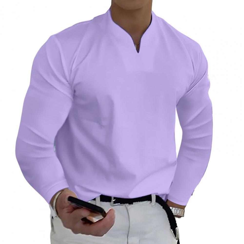 Casual V-Neck Solid Tees Men Shirts Long Sleeves Pullover