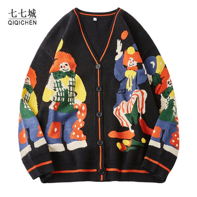 Christmas Knitted Sweater Men Cardigan Oversized Streetwear Knit Jumpers Funny Clown Print Cotton Harajuku Knit Coats Unisex New - foxberryparkproducts