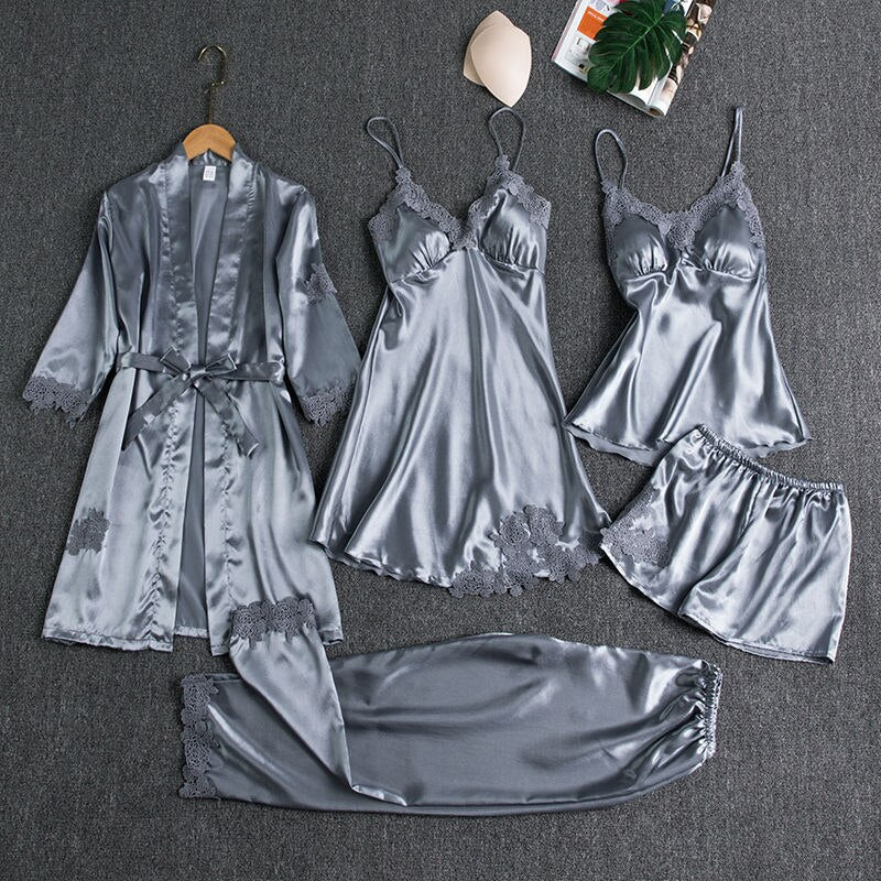 5PCS Sleepwear Female Pajamas Set Satin Pyjamamas Sexy Lace Patchwork - foxberryparkproducts