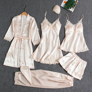 5PCS Sleepwear Female Pajamas Set Satin Pyjamamas Sexy Lace Patchwork - foxberryparkproducts