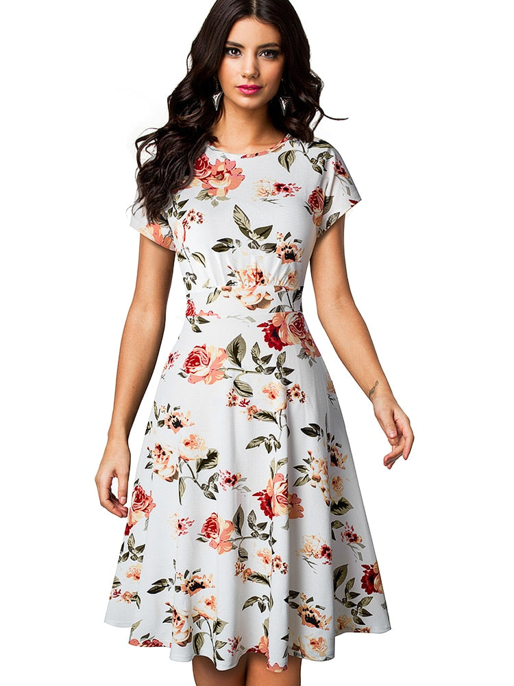 Nice-forever Vintage Elegant Floral Print Pleated Round neck dress - foxberryparkproducts