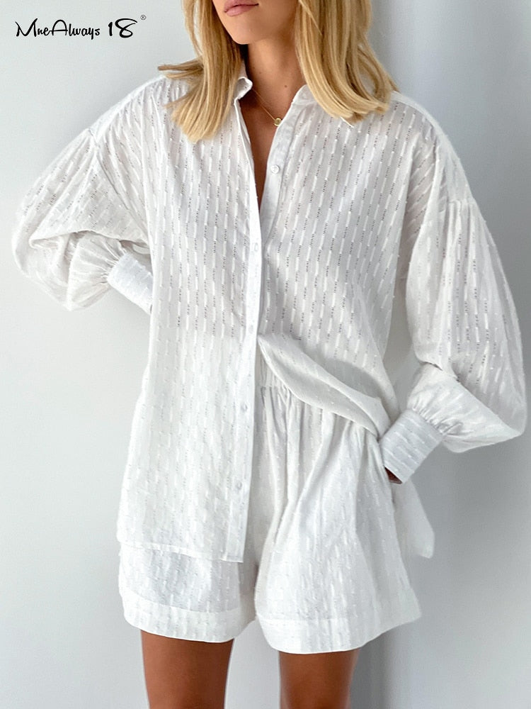 Vacation Suits Women Long Sleeves Shirts And Hot Pants Two Pieces Outfits Summer - foxberryparkproducts