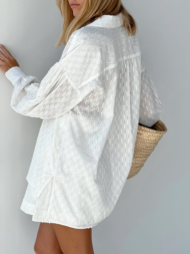 Vacation Suits Women Long Sleeves Shirts And Hot Pants Two Pieces Outfits Summer - foxberryparkproducts