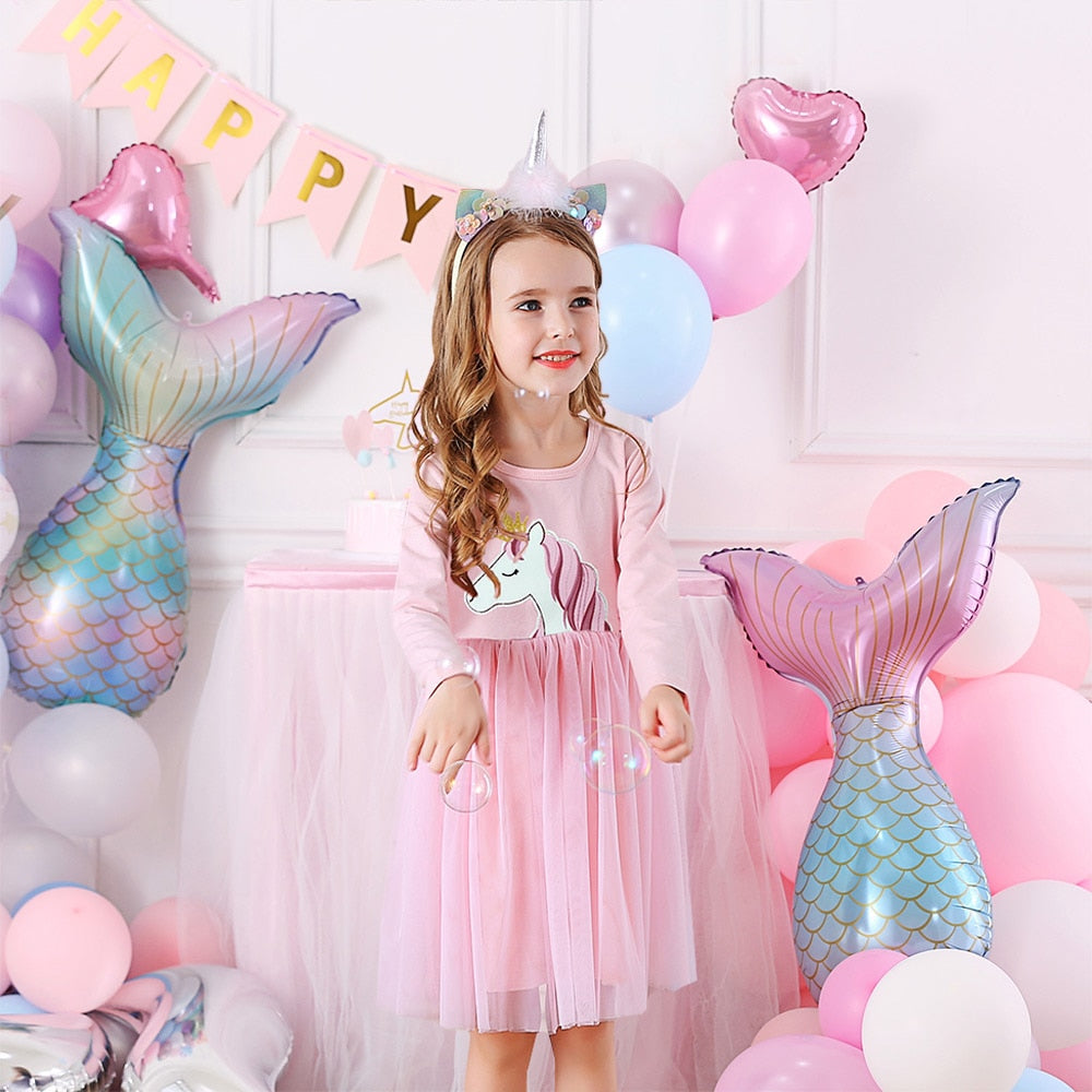 VIKITA Girls Princess Dress Unicorn Sequins Long Sleeve Autumn Dress Kids Birthday Party Wedding Tulle Dresses Children Clothing - foxberryparkproducts