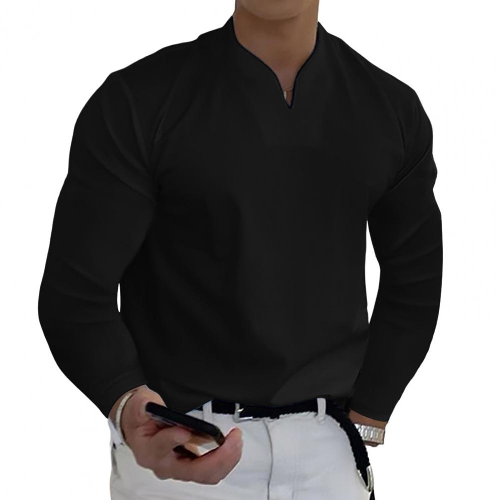 Casual V-Neck Solid Tees Men Shirts Long Sleeves Pullover