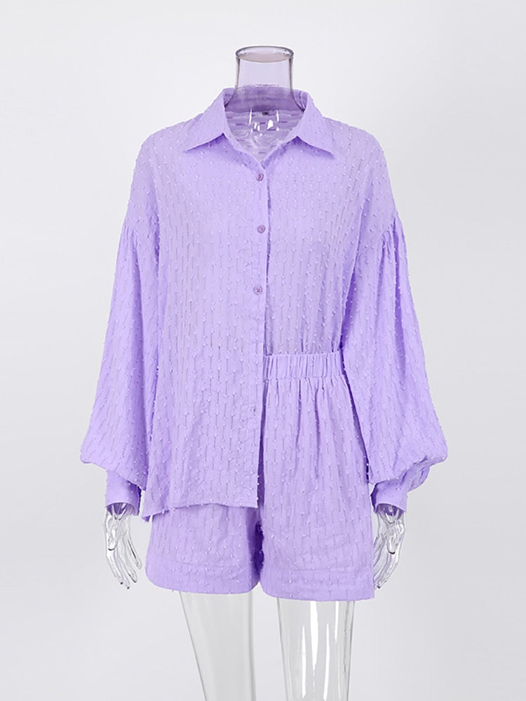Vacation Suits Women Long Sleeves Shirts And Hot Pants Two Pieces Outfits Summer - foxberryparkproducts