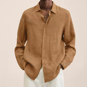 Spring Men Shirts Loose Linen Solid Long Sleeve Turn-Down Collar