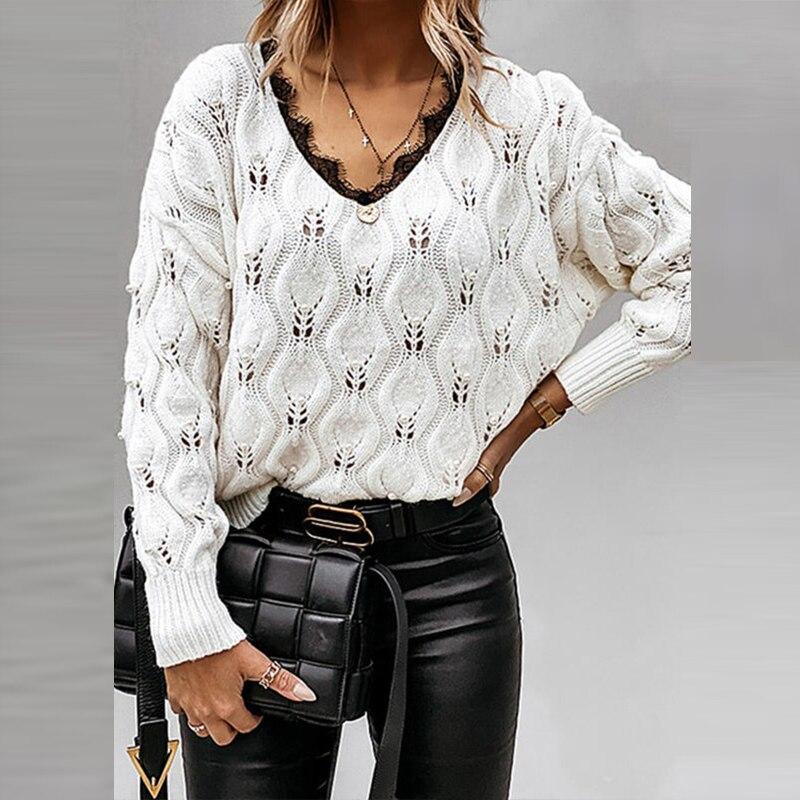 Sexy V Neck Lace Patchwork Knitted Sweater - foxberryparkproducts