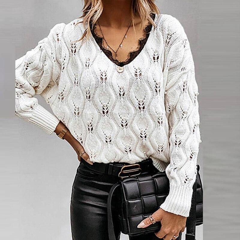 Sexy V Neck Lace Patchwork Knitted Sweater - foxberryparkproducts