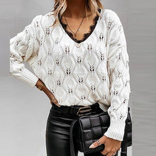Load image into Gallery viewer, Sexy V Neck Lace Patchwork Knitted Sweater - foxberryparkproducts
