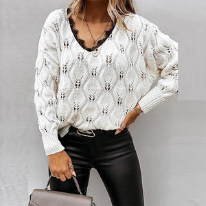 Sexy V Neck Lace Patchwork Knitted Sweater - foxberryparkproducts