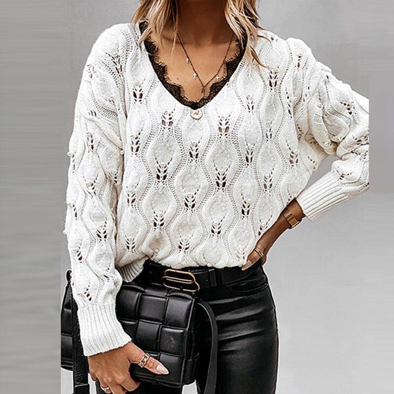 Sexy V Neck Lace Patchwork Knitted Sweater - foxberryparkproducts