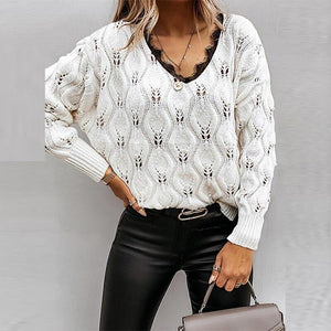 Sexy V Neck Lace Patchwork Knitted Sweater - foxberryparkproducts