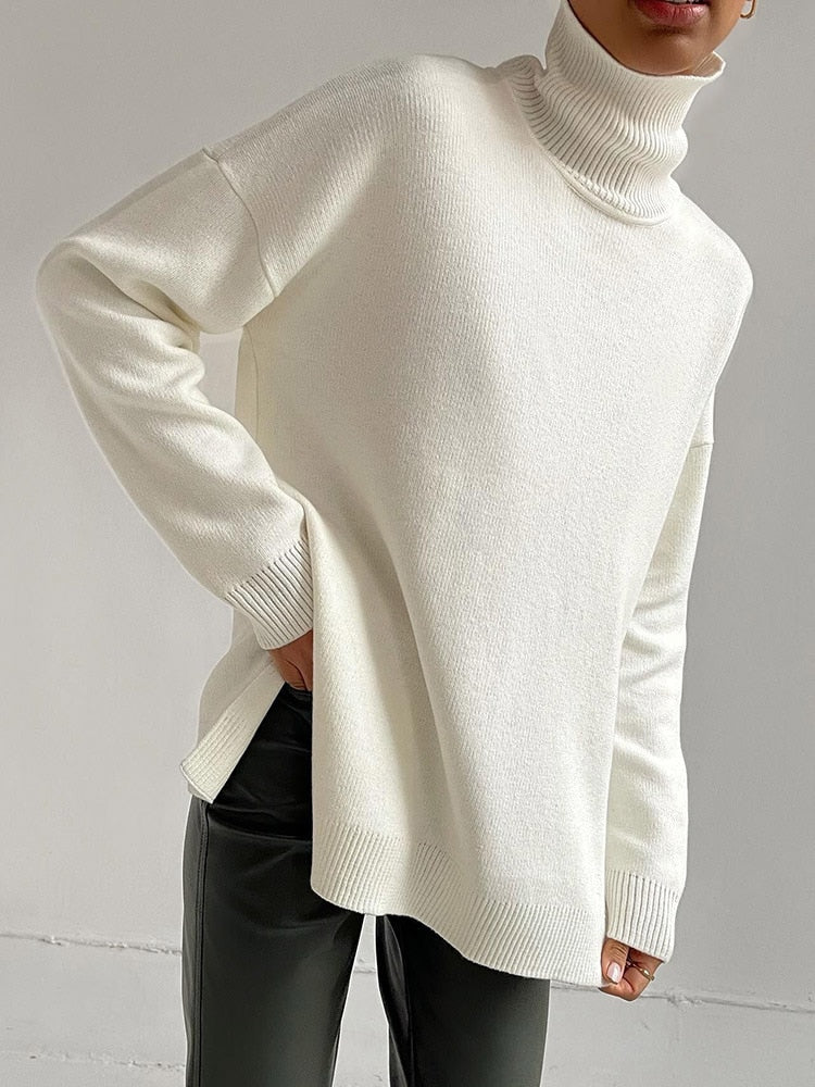Autumn Winter Women Sweaters Turtleneck Women Pullovers Side Split Knitted Jumpers - foxberryparkproducts