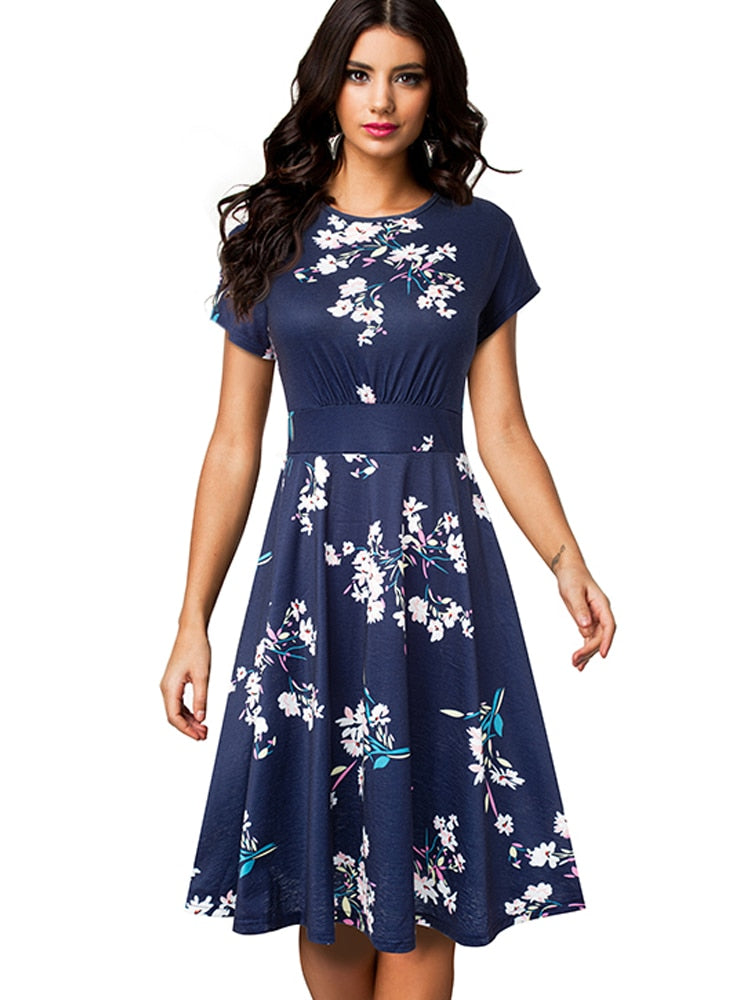 Nice-forever Vintage Elegant Floral Print Pleated Round neck dress - foxberryparkproducts