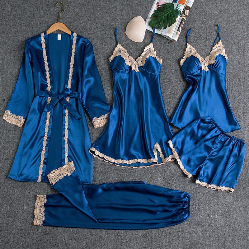 5PCS Sleepwear Female Pajamas Set Satin Pyjamamas Sexy Lace Patchwork - foxberryparkproducts