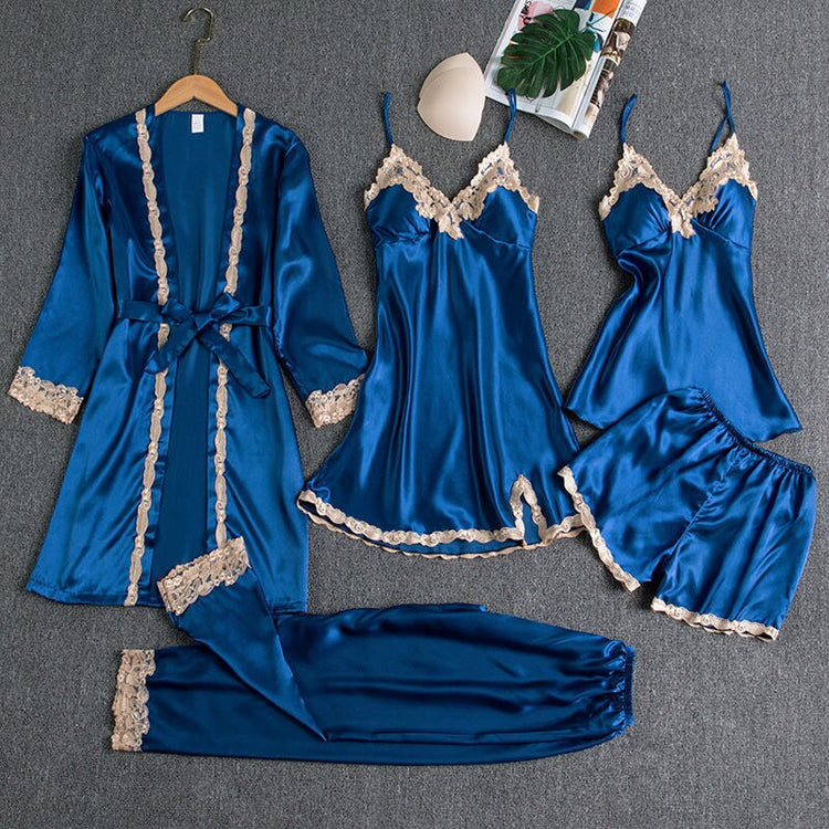 5PCS Sleepwear Female Pajamas Set Satin Pyjamamas Sexy Lace Patchwork - foxberryparkproducts